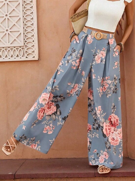 Pants - Blue Boho Women's Casual Bohemian Printed Wide Leg Pants